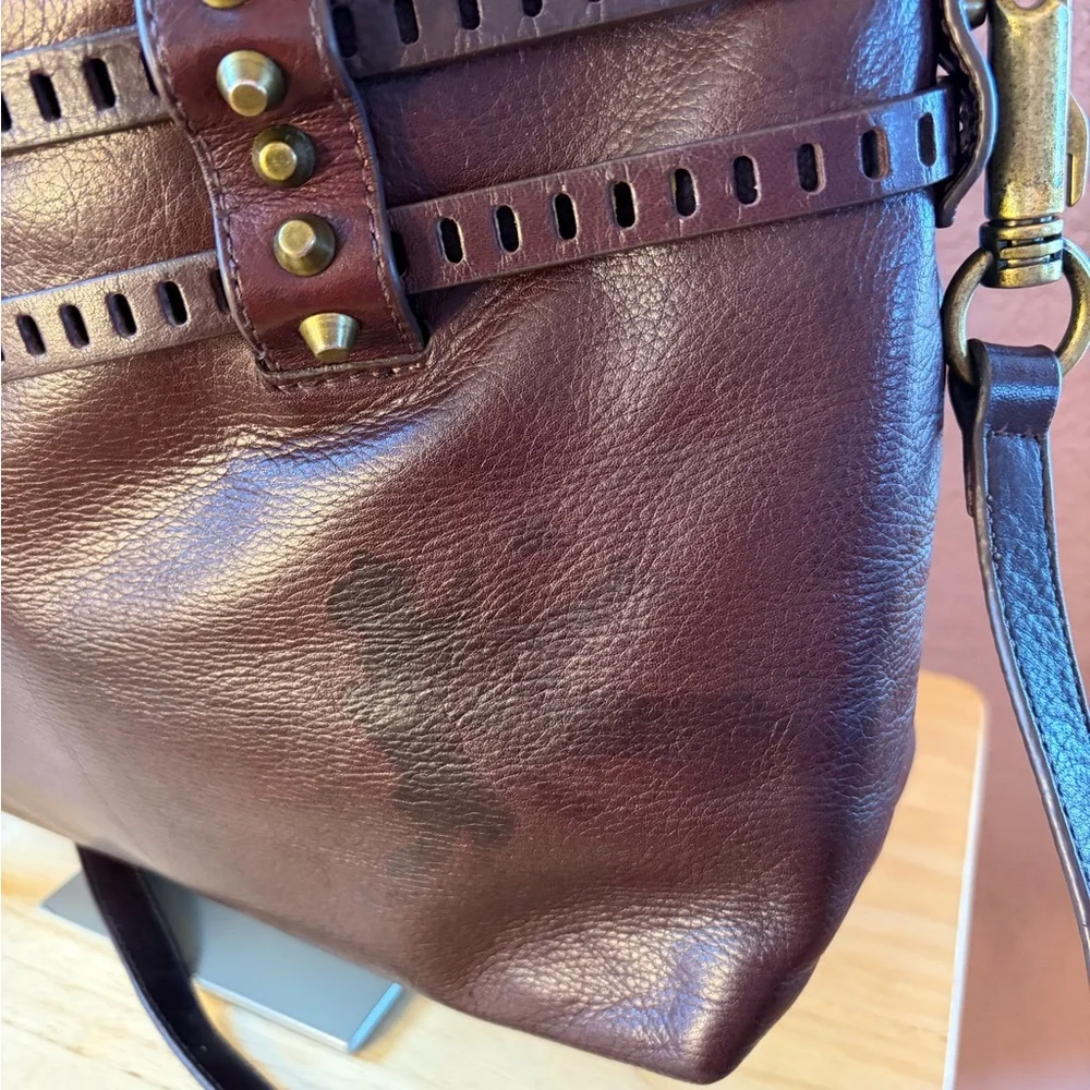 Joelle Hawkens Victory Folder Leather Bag | Brown Boho Studded Satchel Crossbody